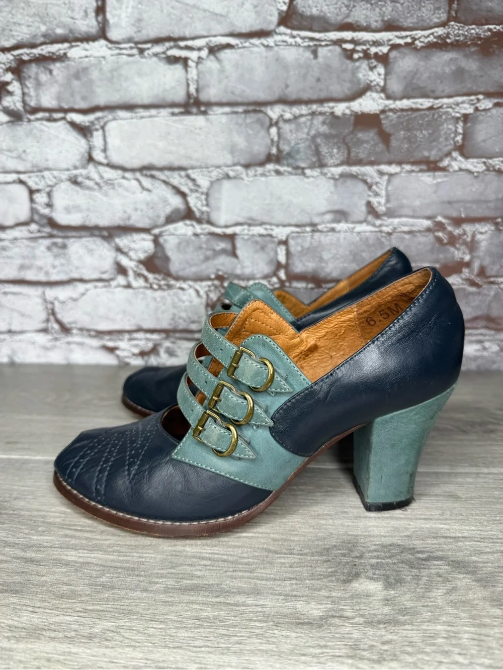re-mix vintage Aviator 1930’s Blue Leather Peep Toe Heels Women Sz 6.5M US/37EU